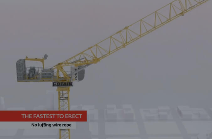 A video screen displaying 'Potain Tower Crane - The Fastest to Erect - No Luffing Wire Rope.
